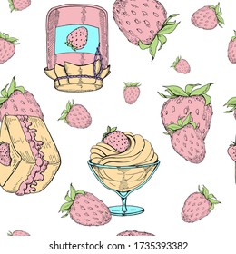 Vector vintage seamless pattern with  hand drawn tasty desserts with strawberries: ice cream, jam and piece of cake. Elements isolated on white for cafe menu.