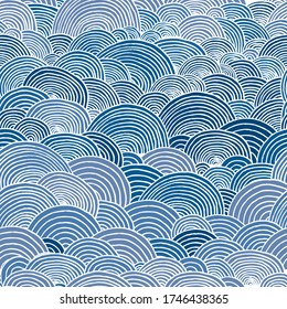 Vector vintage seamless pattern with hand drawn rounded graphic elements. White and blue elements isolated on white background. 