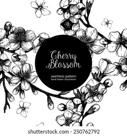 Vector vintage seamless pattern with hand drawn blooming fruit tree twig and butterflies. Spring flower illustration on white background