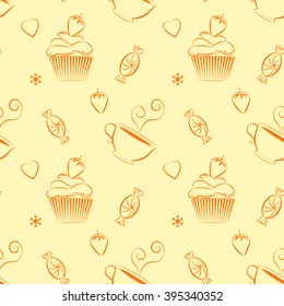 Vector vintage seamless pattern with hand drawn cupcakes, teacups, sweets, berries and hearts. Unique and elegant seamless food background with dessert as main theme. Kitchen themed pattern