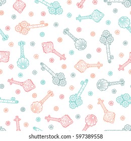 Vector Vintage Seamless pattern with Hand drawn Door keys and small flowers