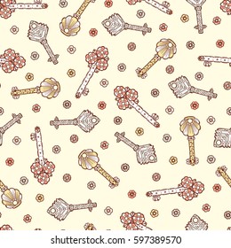 Vector Vintage Seamless pattern with Hand drawn Door keys and small flowers