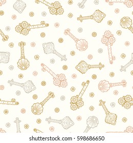 Vector Vintage Seamless pattern with Hand drawn Door keys and small flowers