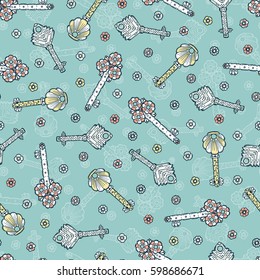 Vector Vintage Seamless pattern with Hand drawn Door keys and small flowers