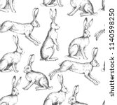 Vector vintage seamless pattern with hares in different actions isolated on white. Hand drawn texture with rabbits in engraving style. Background with sketch of animals.