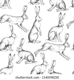 Vector vintage seamless pattern with hares in different actions isolated on white. Hand drawn texture with rabbits in engraving style. Background with sketch of animals.