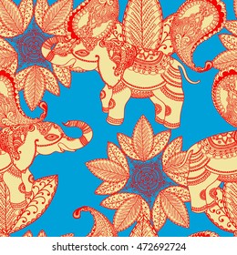 Vector vintage seamless pattern with Indian elephant and floral elements on blue. Hand drawn fashion illustration in bohemian style for print, card,fabric and other  trendy design. 