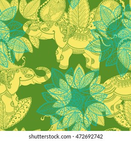 Vector vintage seamless pattern with Indian elephant and floral elements. Hand drawn fashion illustration in bohemian style for print, card,textile and other seamless trendy design. Green and yellow.