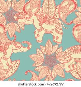Vector vintage seamless pattern with Indian elephant and floral elements. Hand drawn fashion illustration in bohemian style for print, card,textile and other seamless trendy design. In vintage color.