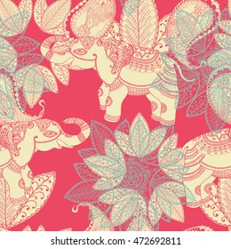 Vector vintage seamless pattern with Indian elephant and floral elements on red. Hand drawn fashion illustration in gipsy style for print, card,textile and other trendy design. 