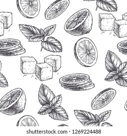 Vector vintage seamless pattern with ingredients for cocktail. Hand drawn color texture with peppermint leaves, green slices of lime and sugar in engraving style. Sketch of spices isolated on white