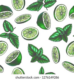 Vector vintage seamless pattern with ingredients for drink. Hand drawn color texture with peppermint leaves and slices of lime in engraving style. Sketch of spices isolated on white