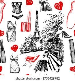 Vector vintage seamless pattern with lipsticks, high-heeled shoes and different types of women's clothing. Elements isolated on white background. France in hand drawn sketch style. 