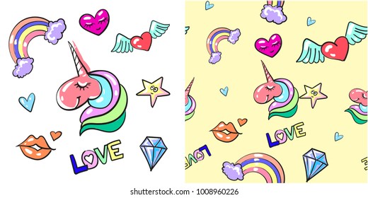 Vector vintage seamless pattern and love decorative badges, patches set. Cute heart, lips, unicorn, diamond, rainbow fashion decorative symbols.