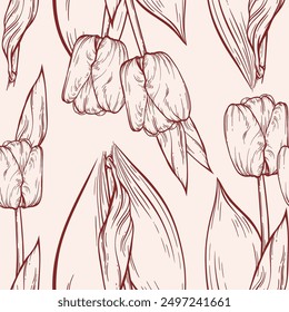 Vector vintage seamless pattern of many big linear tulips, leaves. Elegant contour floral print. Hand drawn nature illustration. Botanical art for fashion textile, fabric design. Detailed ink drawing