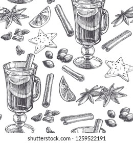 Vector vintage seamless pattern with mulled wine, spices and sweets isolated on white. Hand drawn illustration of cinnamon, cardamom and berries in engraving style.