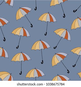 Vector vintage seamless pattern with multi-colored umbrellas on a blue background, hand drawn illustration, doodle style 