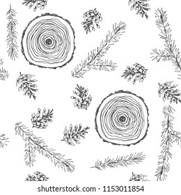 Vector vintage seamless pattern with natural elements isolated on white background. Hand drawn forest texture with pine branches, cones and section of the tree. Botanical details sketch.