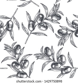 Vector vintage seamless pattern with olive branch in engraving style. Hand drawn texture with plant. Black and white botanical sketch for oil design. Health food.