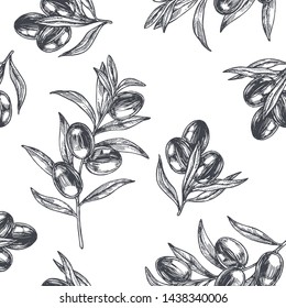 Vector vintage seamless pattern with olive branch in engraving style. Hand drawn texture with plant. Black and white botanical sketch for oil design. Healthy food.