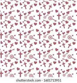 Vector vintage seamless pattern on white background with cute elements heart shape key, cross eps10