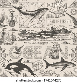 Vector vintage seamless pattern on the theme of sea travel, adventure, discovery. Decorative background with hand-drawn ocean waves, sailboats and various sea inhabitants in retro style