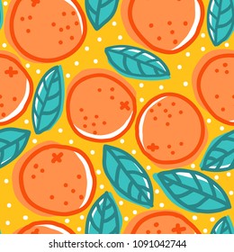 Vector vintage seamless pattern with oranges and leaves. Retro pattern with oranges.