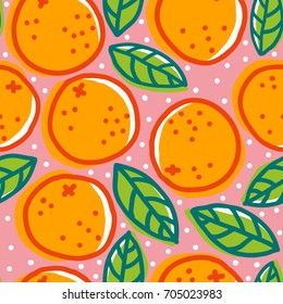 Vector vintage seamless pattern with oranges and leafs. Retro pattern with oranges.