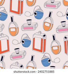 Vector vintage seamless pattern with perfume black and white bottles on a light background. Elements for the design of gift packaging, brochures.