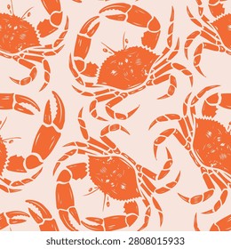 Vector vintage seamless pattern of red crabs in block print style. Retro crab pattern for seafood cafe.
