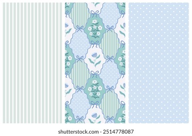 Vector vintage  seamless pattern set. Polka dot, striped and damask bow floral print. Old-fashion collection neutral classical seamless texture. 