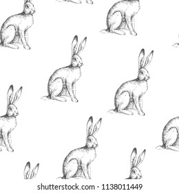 Vector vintage seamless pattern with sitting hare isolated on white. Hand drawn texture with rabbit in sketch style. Background with engraved animal.