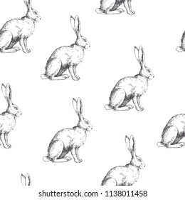 Vector vintage seamless pattern with sitting hare isolated on white. Hand drawn texture with rabbit in sketch style. Background with engraved animal.