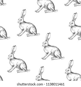 Vector vintage seamless pattern with sitting hare isolated on white. Hand drawn texture with rabbit in sketch style. Background with engraved animal.