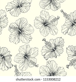 Vector vintage seamless pattern with tropical flowers isolated on white background. Blooming hibiscus in engraving style. Hand drawn floral  texture