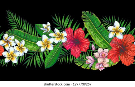 Vector vintage seamless pattern with tropical flowers and leaves. Hand drawn botanical texture with hibiscus, orchid, plumeria and palm leaves. 