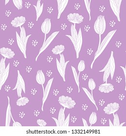 Vector vintage seamless pattern with white flowers. Seamless vector background, wallpaper, floral ornament with leaves and flowers. Tileable.