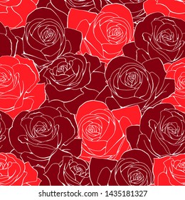 Vector vintage seamless pattern. White outlined red scarlet rose flowers background for fabric design, textile print, wrapping paper or web backgrounds.