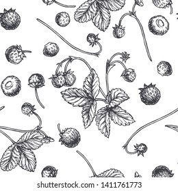Vector vintage seamless pattern with wild strawberry in engraving style. Hand drawn botanical texture with berries. Black and white floral sketch illustration.
