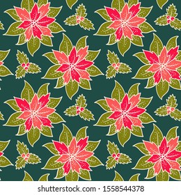 Vector vintage seamless patttern with red poinsettia. Retro seamless Christmas patttern with red flowers.