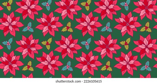 Vector vintage seamless patttern with red poinsettia. Retro seamless Christmas patttern with red flowers.