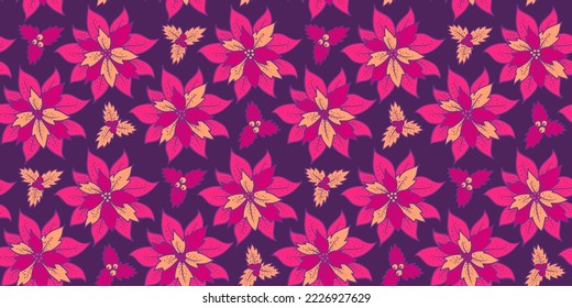 Patrón sin costuras vectorial con poinsettia roja. Patrón de Navidad retro sin fisuras con flores rojas.