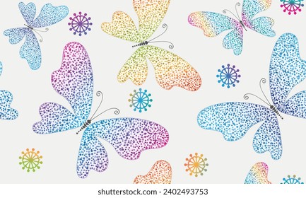 Vector vintage seamless rainbow pattern with gradient butterflies on white