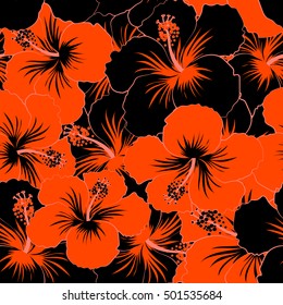 Vector vintage seamless tropical hibiscus flowers. Seamless pattern in black and orange colors.