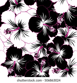 Vector vintage seamless tropical hibiscus flowers. Seamless pattern in black and white colors.