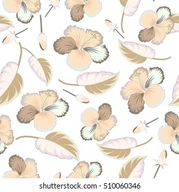 Vector vintage seamless tropical hibiscus flowers. Pattern on a white background in neutral colors.