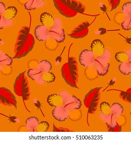 Vector vintage seamless tropical hibiscus flowers. Seamless pattern in orange colors.