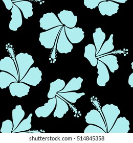 Vector vintage seamless tropical hibiscus flowers. Pattern on a black background in neutral colors.