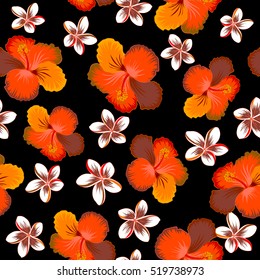 Vector vintage seamless tropical hibiscus flowers. Pattern on a black background in red, brown and orange colors.