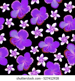Vector vintage seamless tropical hibiscus flowers. Pattern on a black background in violet, neutral and pink colors.